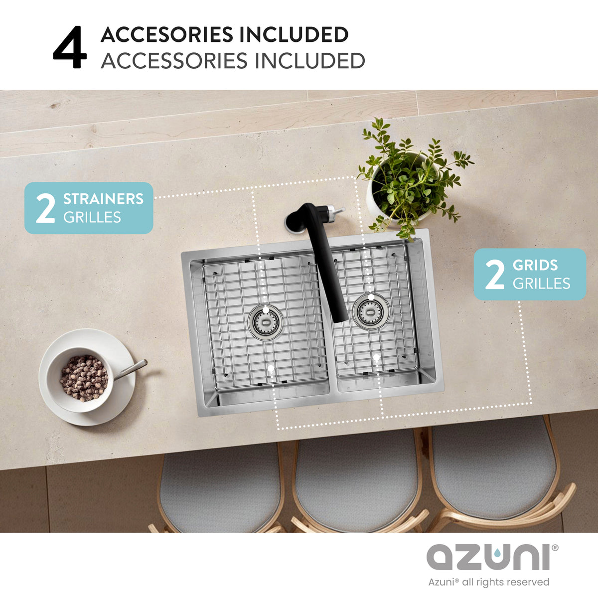 Stylish Azuni Dijon 27" Workstation 60/40 Double Bowl Stainless Steel Kitchen Sink with Accessories C227