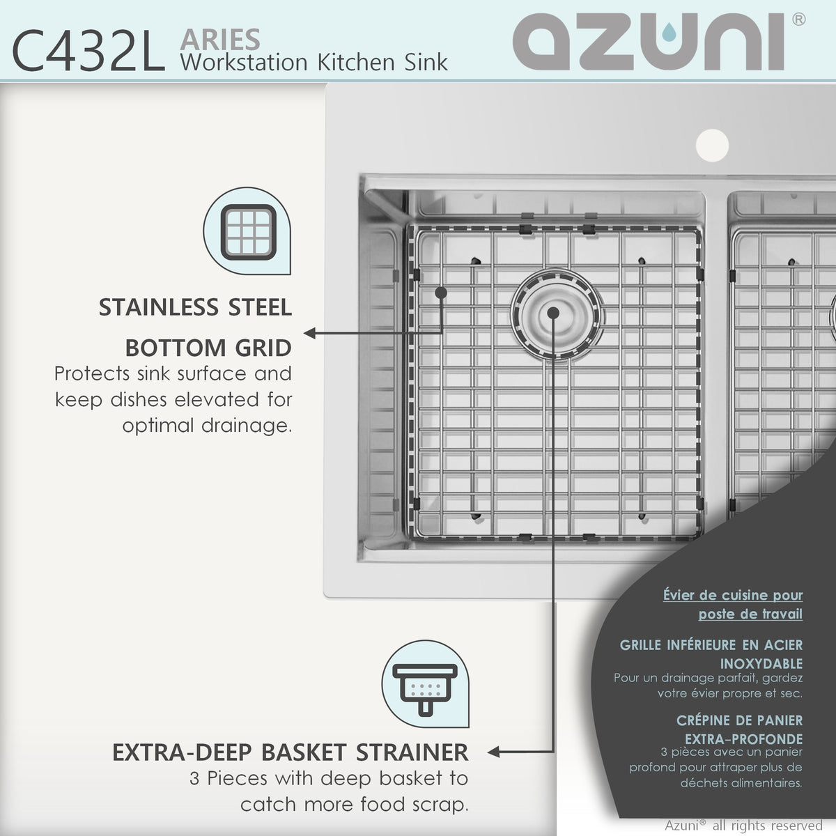 Stylish Azuni Aries 31" Top Mount Workstation 50/50 Double Bowl 18 Gauge Stainless Steel Ledge Kitchen Sink with Accessories C432L