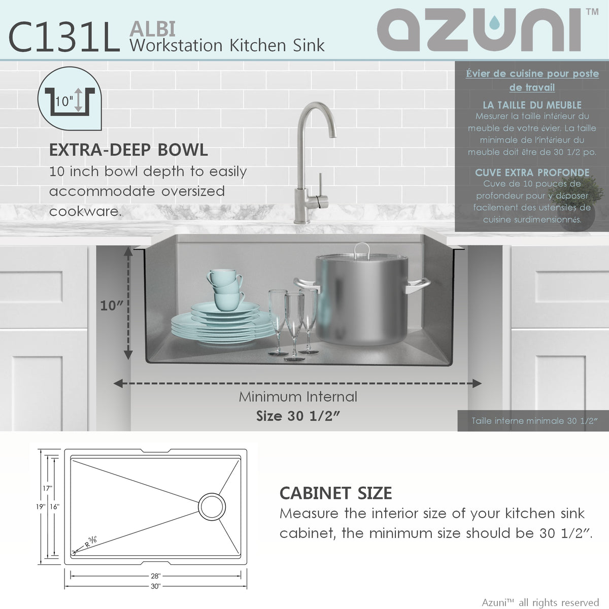 Stylish Azuni 30"L x 19"W Undermount Single Bowl Kitchen Sink Workstation with Accessories Included C131L