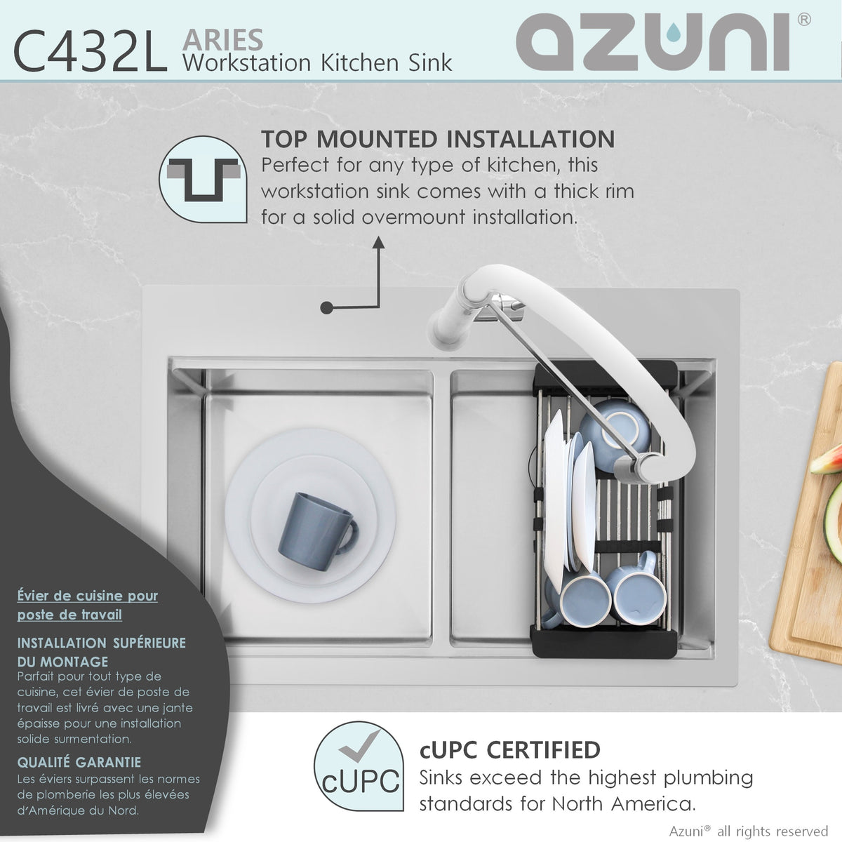 Stylish Azuni Aries 31" Top Mount Workstation 50/50 Double Bowl 18 Gauge Stainless Steel Ledge Kitchen Sink with Accessories C432L
