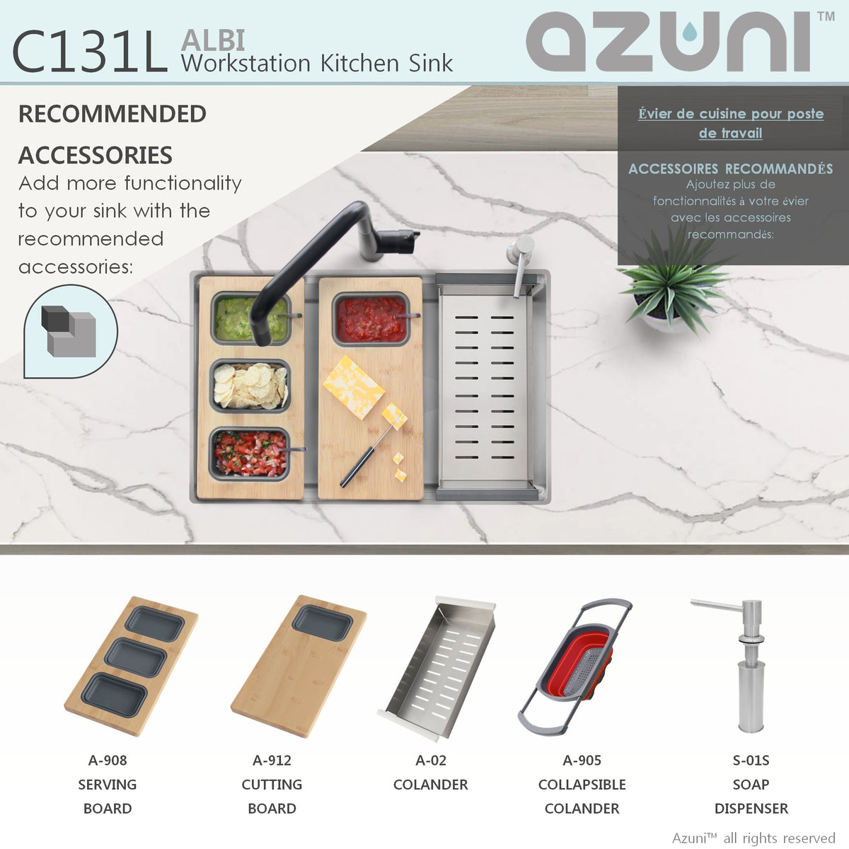 Stylish Azuni 30"L x 19"W Undermount Single Bowl Kitchen Sink Workstation with Accessories Included C131L