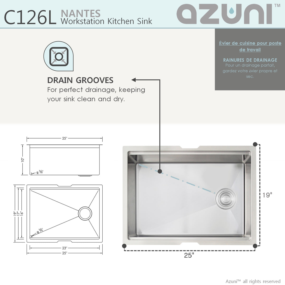 Stylish Azuni Nantes 25" Workstation Single Bowl Stainless Steel Ledge Kitchen Sink with Accessories C126L