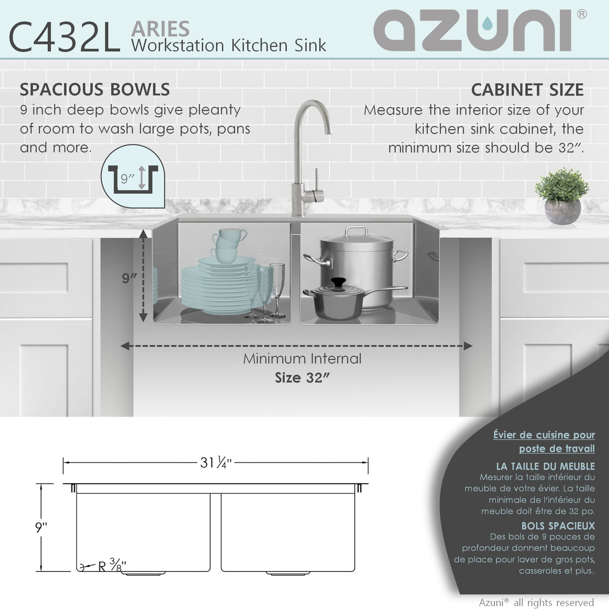 Stylish Azuni Aries 31" Top Mount Workstation 50/50 Double Bowl 18 Gauge Stainless Steel Ledge Kitchen Sink with Accessories C432L