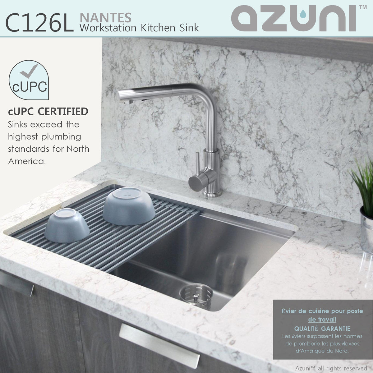 Stylish Azuni Nantes 25" Workstation Single Bowl Stainless Steel Ledge Kitchen Sink with Accessories C126L