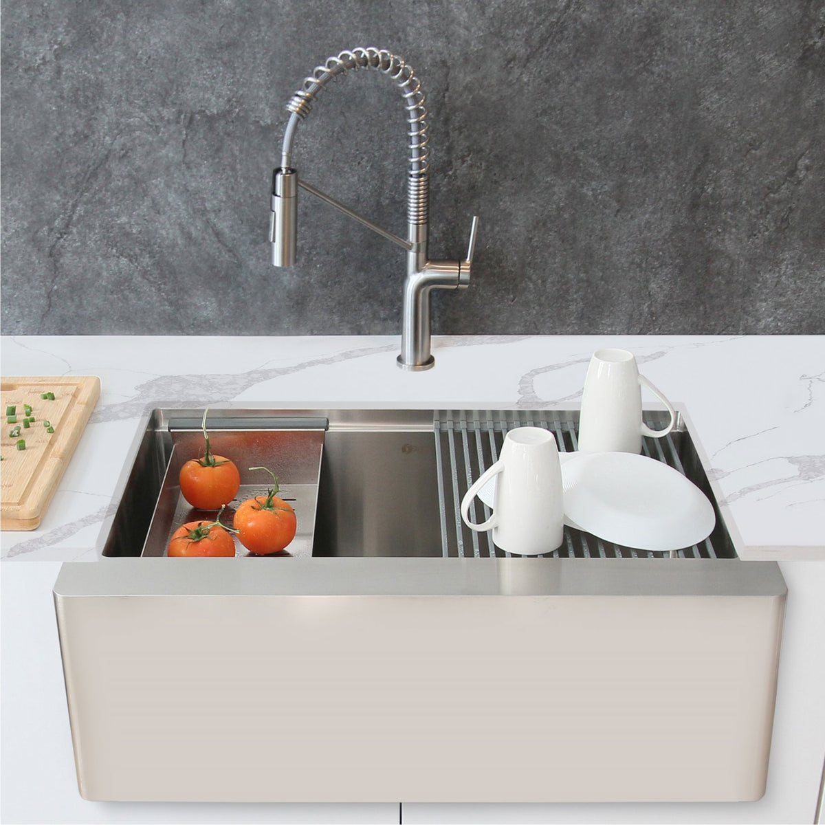 Stylish Jade Workstation Single Bowl Apron Front Stainless Steel Kitchen Sink with Accessories S-316W