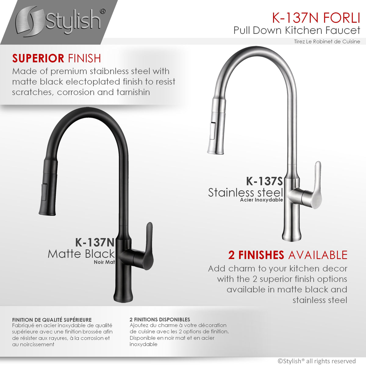Stylish Single Handle Pull Down Kitchen Faucet Matte Black K-137N