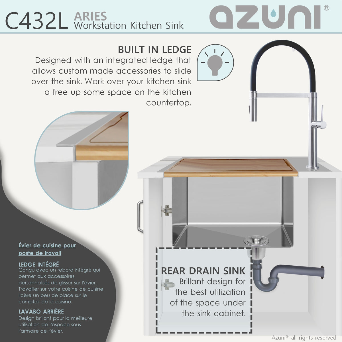 Stylish Azuni Aries 31" Top Mount Workstation 50/50 Double Bowl 18 Gauge Stainless Steel Ledge Kitchen Sink with Accessories C432L