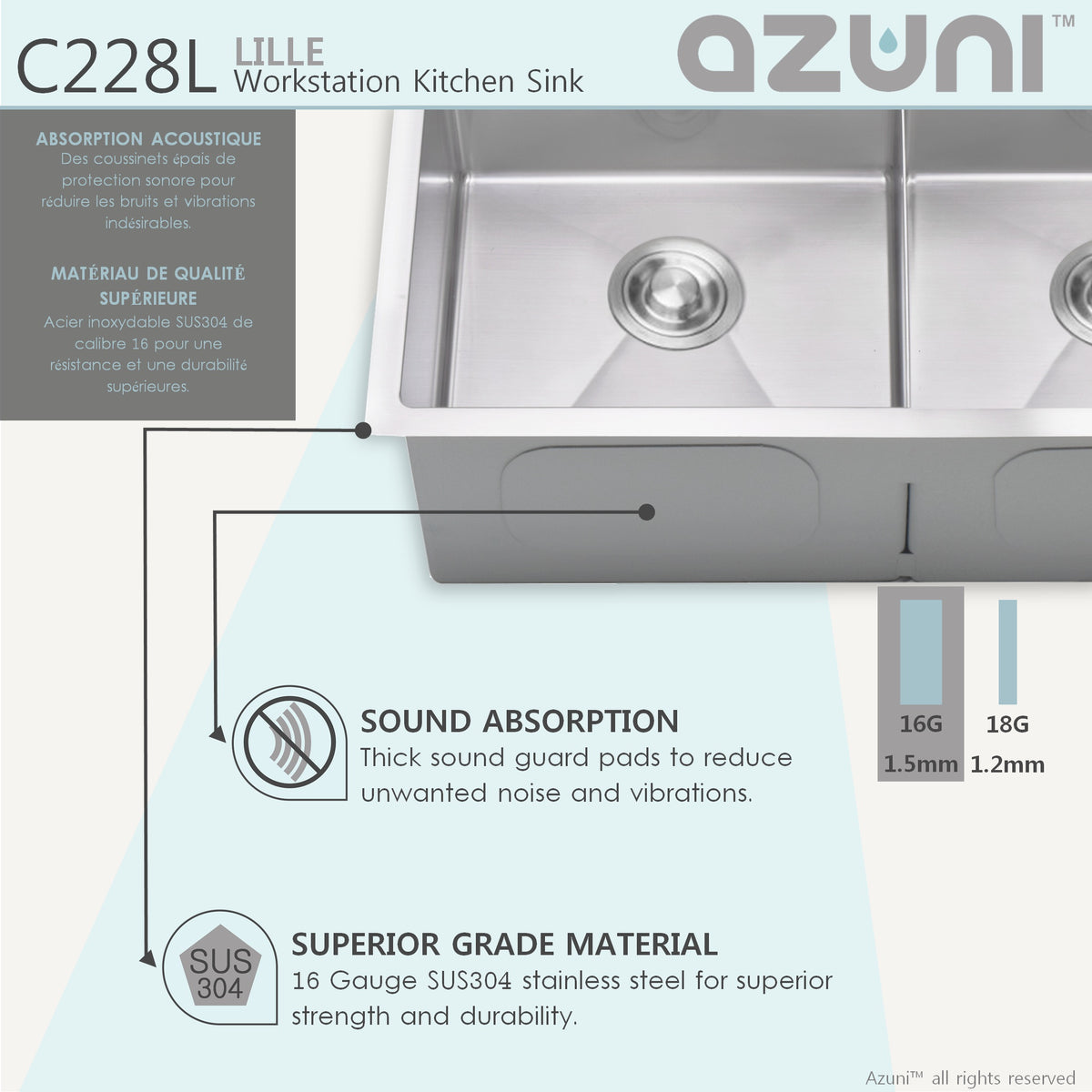 Stylish Azuni Lille 28" Workstation Double Bowl Stainless Steel Ledge Kitchen Sink with Accessories C228L