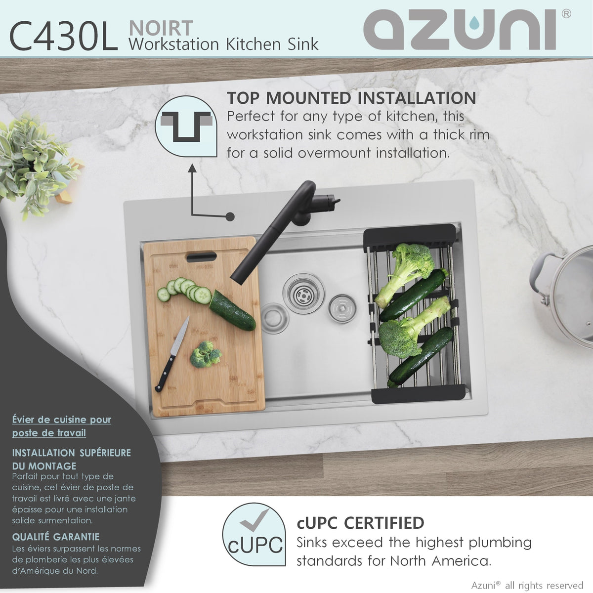 Stylish Azuni Noirt 31" Top Mount Workstation Single Bowl 18 Gauge Stainless Steel Ledge Kitchen Sink with Accessories C430L
