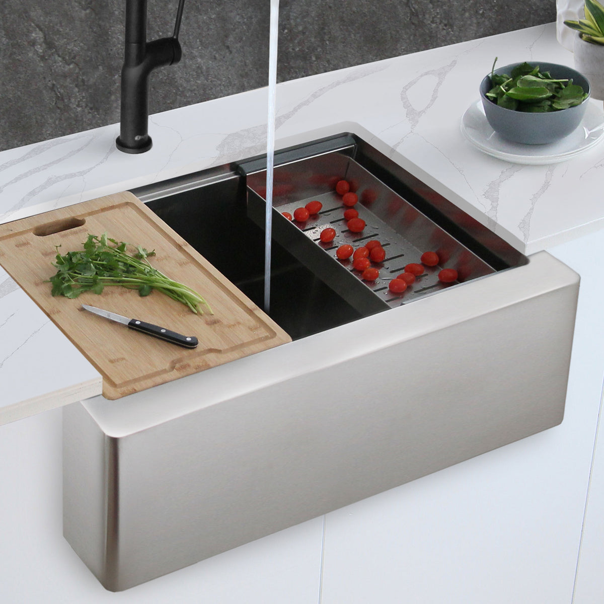 Stylish Jade Workstation Single Bowl Apron Front Stainless Steel Kitchen Sink with Accessories S-316W