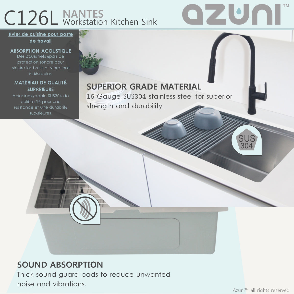 Stylish Azuni Nantes 25" Workstation Single Bowl Stainless Steel Ledge Kitchen Sink with Accessories C126L