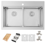 Stylish Azuni Aries 31" Top Mount Workstation 50/50 Double Bowl 18 Gauge Stainless Steel Ledge Kitchen Sink with Accessories C432L