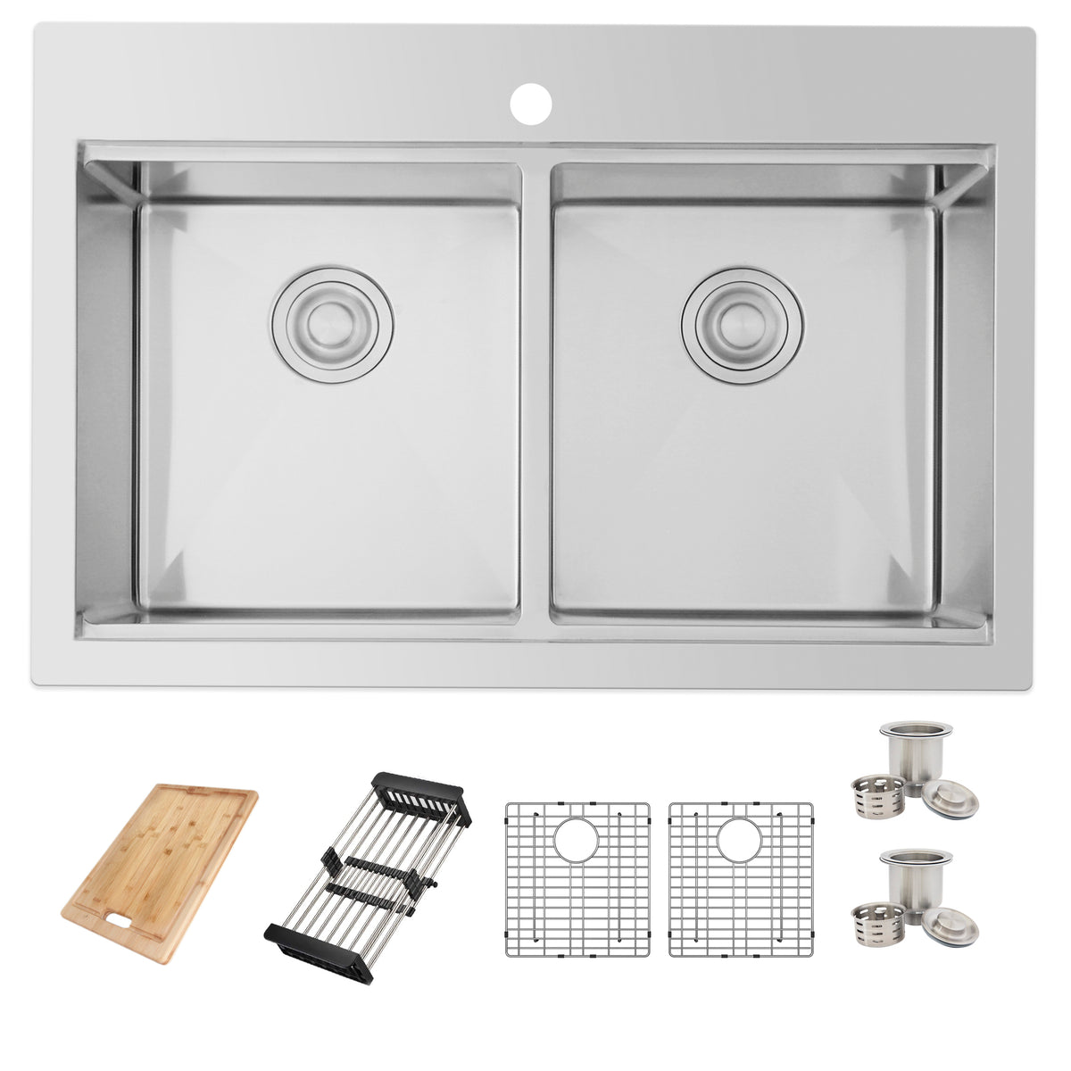 Stylish Azuni Aries 31" Top Mount Workstation 50/50 Double Bowl 18 Gauge Stainless Steel Ledge Kitchen Sink with Accessories C432L