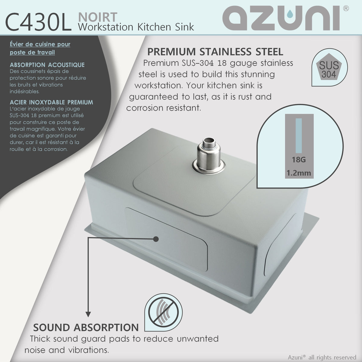 Stylish Azuni Noirt 31" Top Mount Workstation Single Bowl 18 Gauge Stainless Steel Ledge Kitchen Sink with Accessories C430L