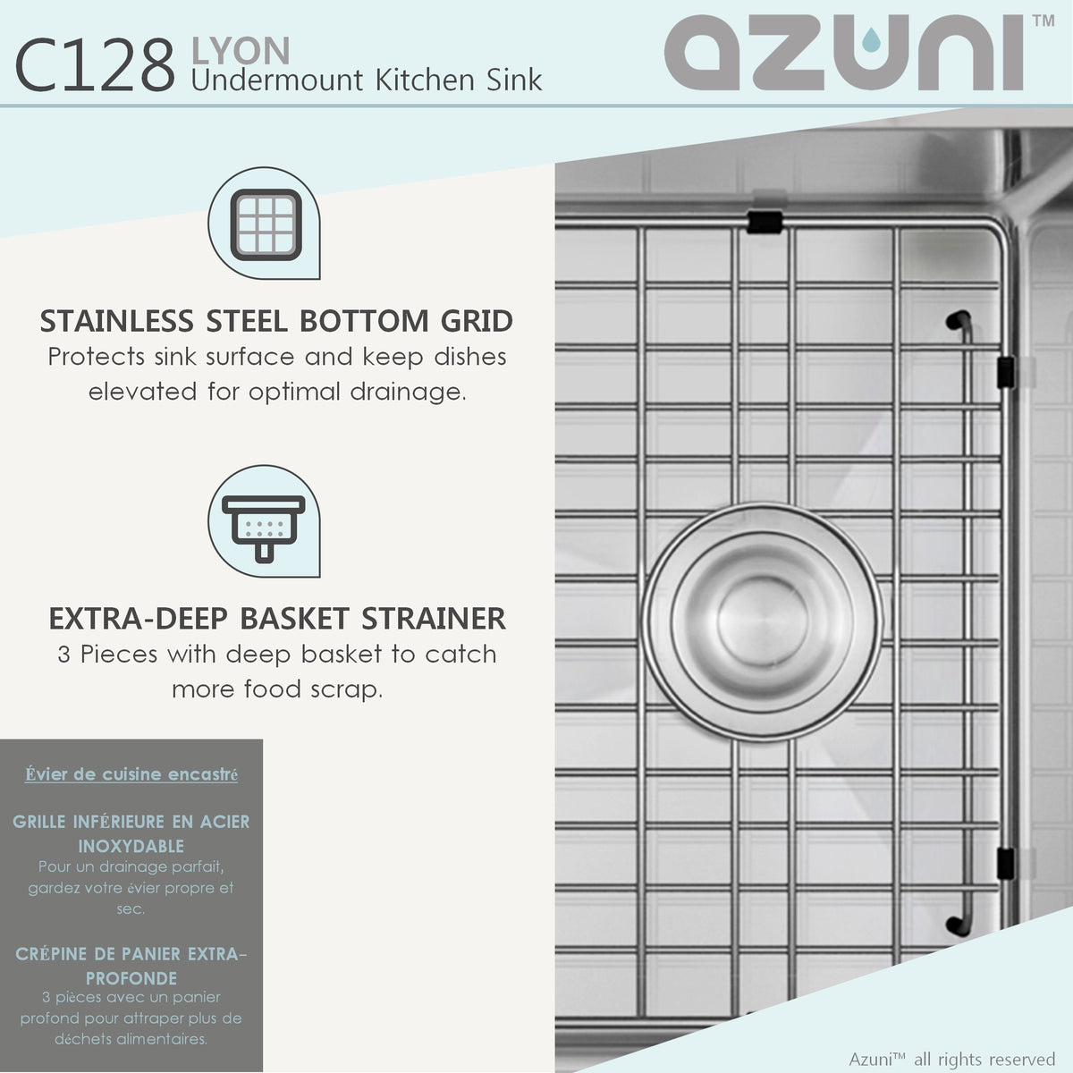 Stylish Azuni Lyon 28" Undermount Single Bowl Stainless Steel Kitchen Sink with Grid and Basket Strainer C128