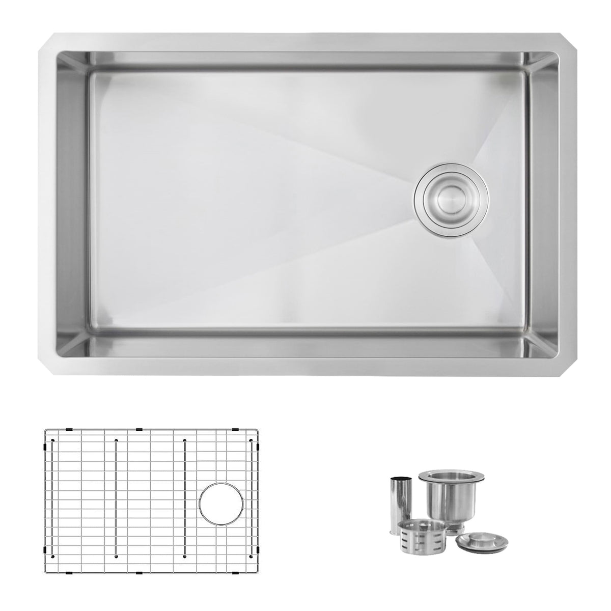 Stylish Azuni Lyon 28" Undermount Single Bowl Stainless Steel Kitchen Sink with Grid and Basket Strainer C128