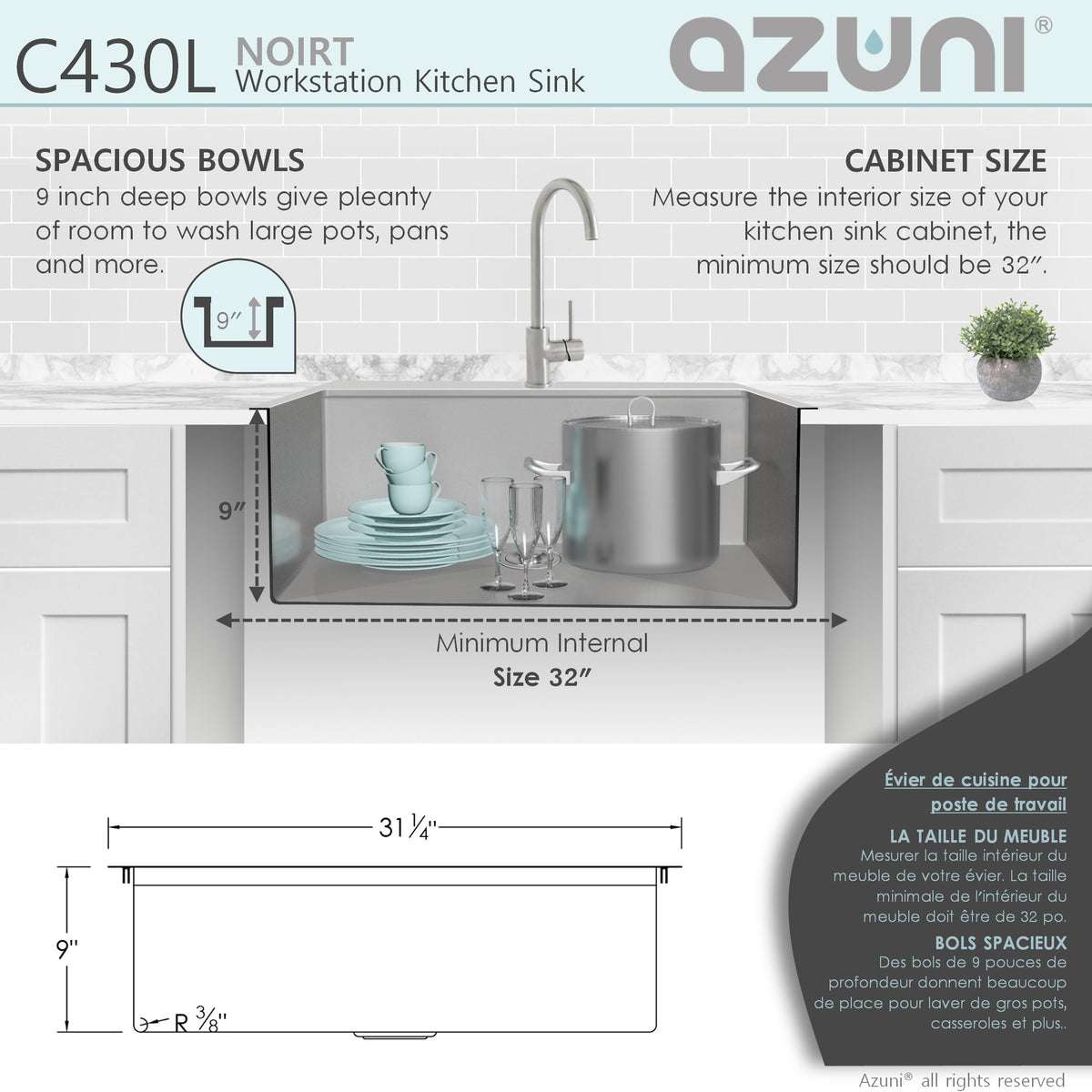 Stylish Azuni Noirt 31" Top Mount Workstation Single Bowl 18 Gauge Stainless Steel Ledge Kitchen Sink with Accessories C430L