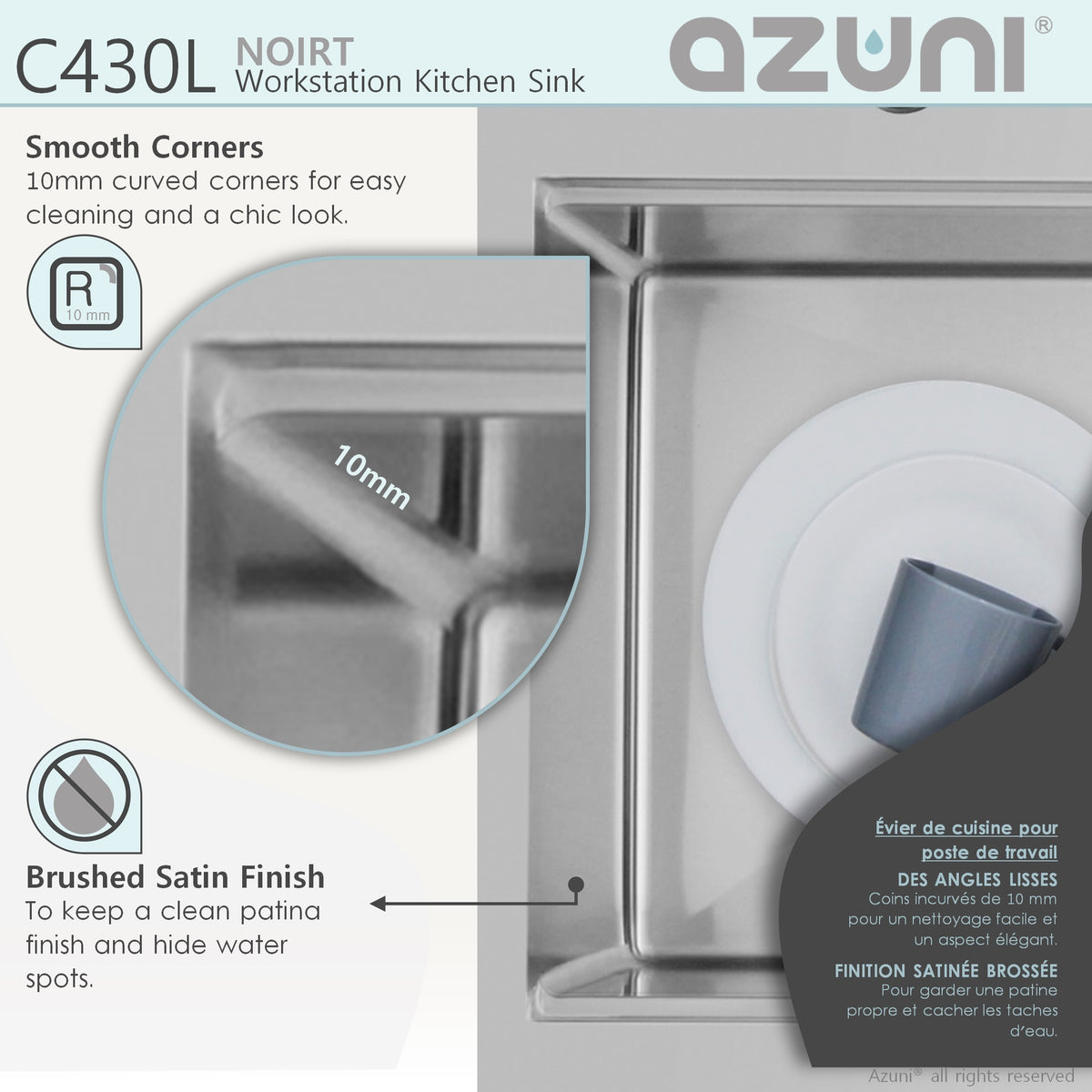 Stylish Azuni Noirt 31" Top Mount Workstation Single Bowl 18 Gauge Stainless Steel Ledge Kitchen Sink with Accessories C430L