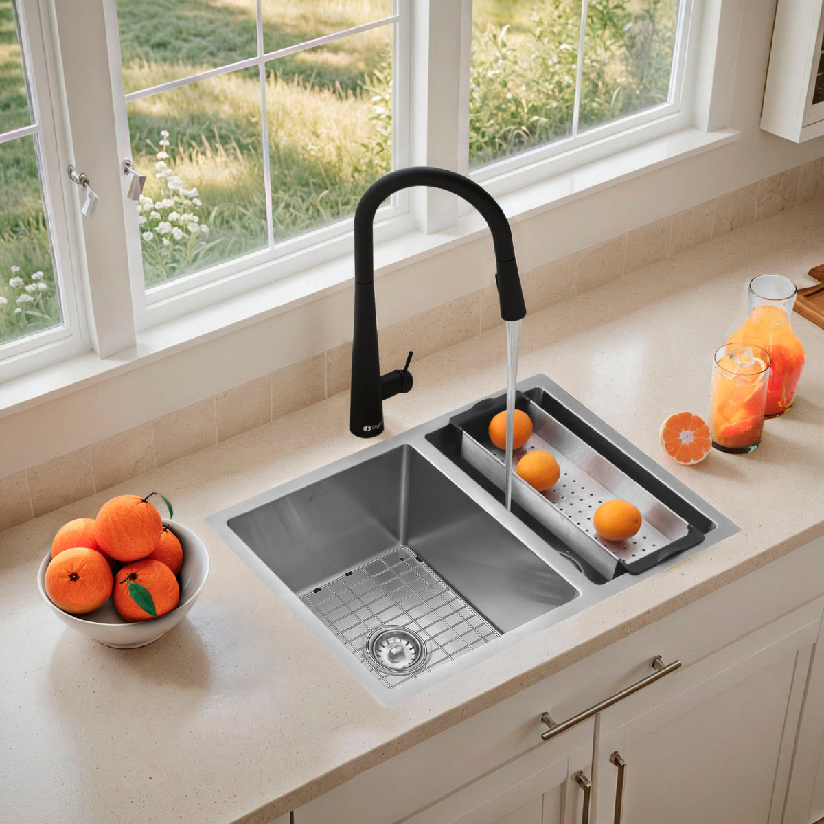 Stylish Azuni Dijon 27" Workstation 60/40 Double Bowl Stainless Steel Kitchen Sink with Accessories C227