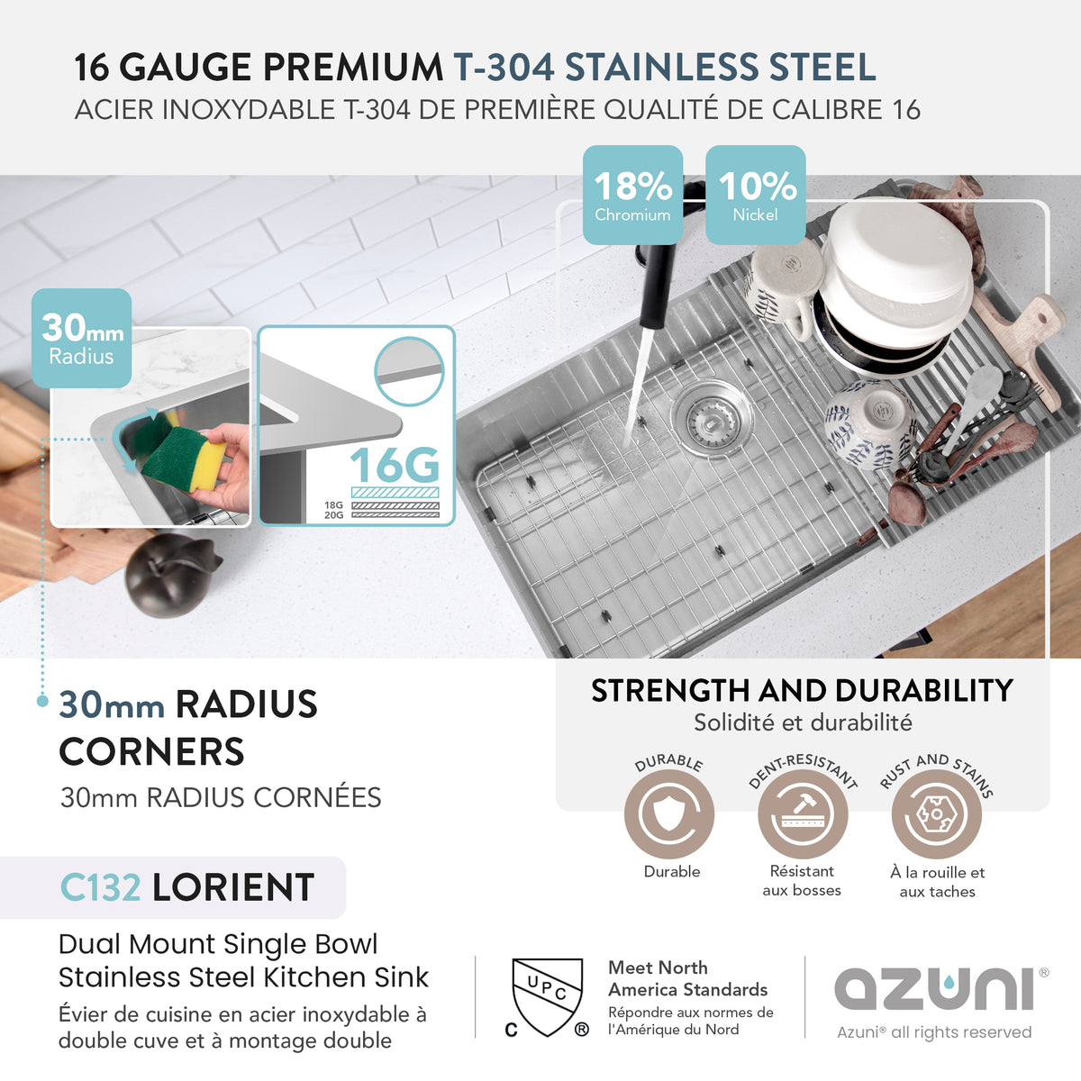 Stylish Azuni Lorient 32" Dual Mount Single Bowl Stainless Steel Kitchen Sink C132
