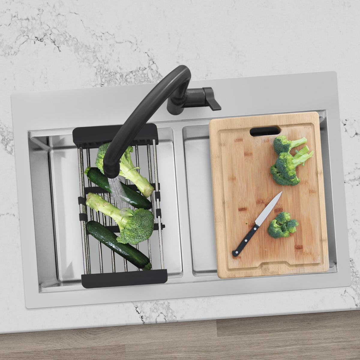 Stylish Azuni Aries 31" Top Mount Workstation 50/50 Double Bowl 18 Gauge Stainless Steel Ledge Kitchen Sink with Accessories C432L