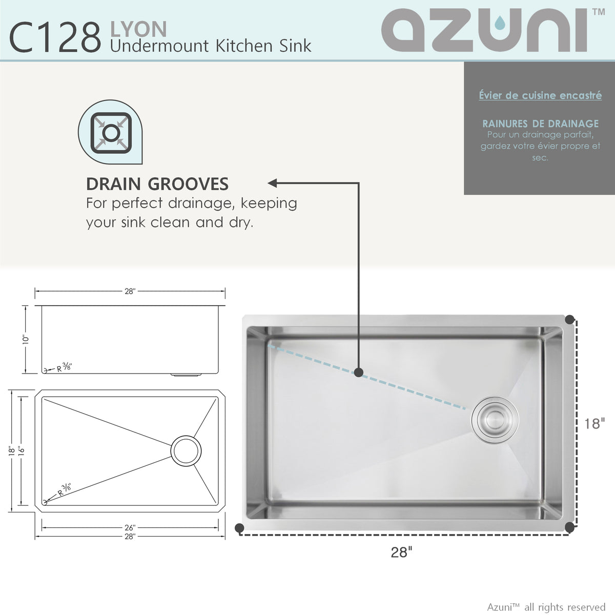 Stylish Azuni Lyon 28" Undermount Single Bowl Stainless Steel Kitchen Sink with Grid and Basket Strainer C128