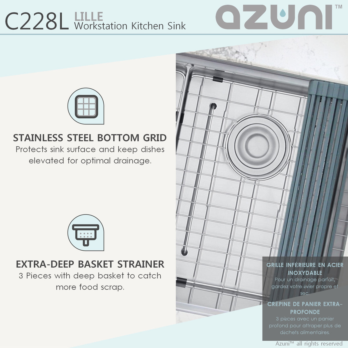 Stylish Azuni Lille 28" Workstation Double Bowl Stainless Steel Ledge Kitchen Sink with Accessories C228L