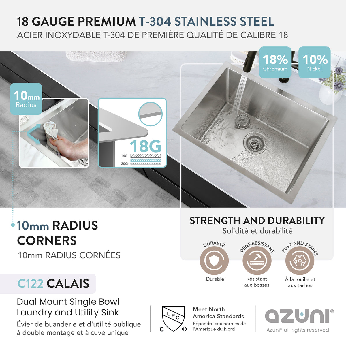 Stylish Azuni Calais 22" Dual Mount Single Bowl Stainless Steel Laundry and Utility Sink C122