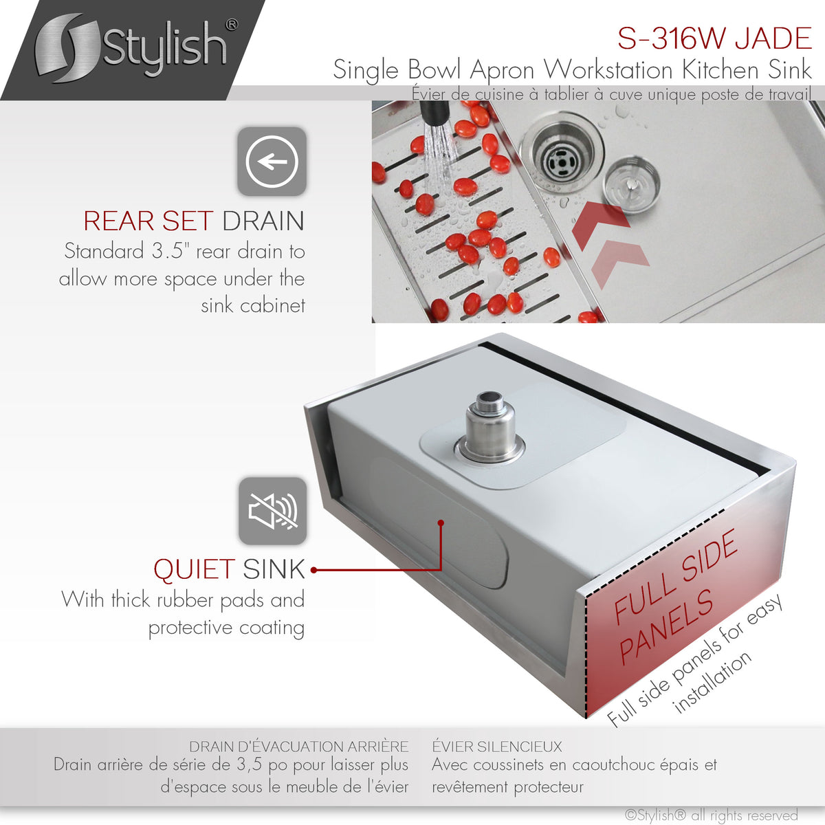 Stylish Jade Workstation Single Bowl Apron Front Stainless Steel Kitchen Sink with Accessories S-316W