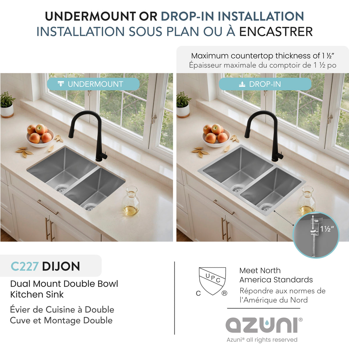 Stylish Azuni Dijon 27" Workstation 60/40 Double Bowl Stainless Steel Kitchen Sink with Accessories C227