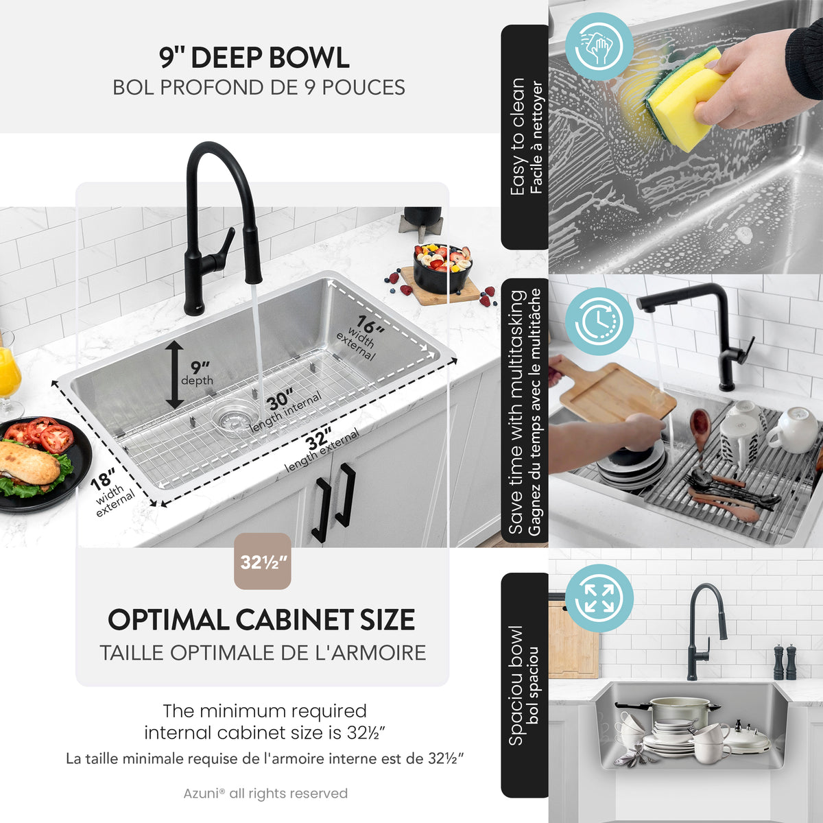 Stylish Azuni Lorient 32" Dual Mount Single Bowl Stainless Steel Kitchen Sink C132