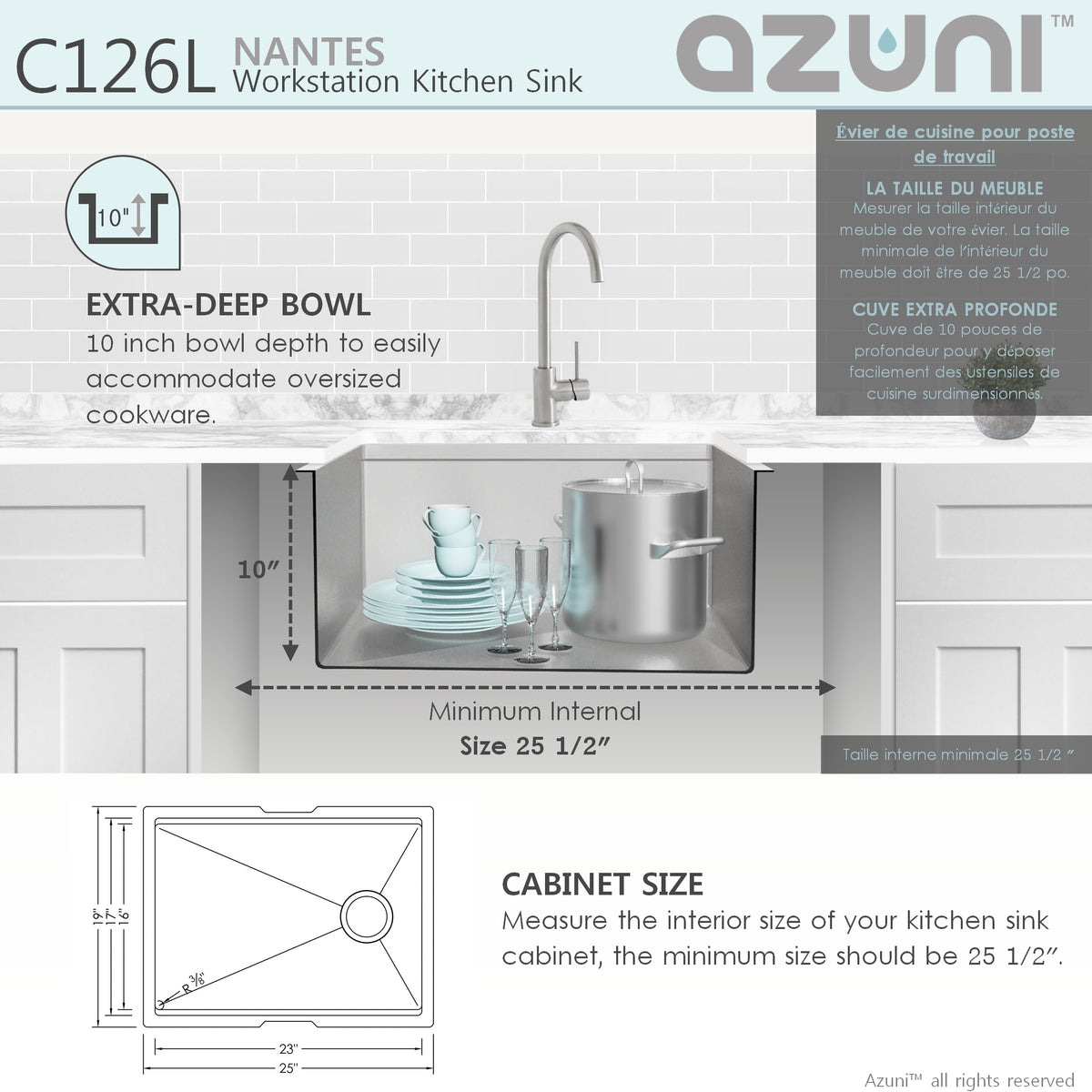 Stylish Azuni Nantes 25" Workstation Single Bowl Stainless Steel Ledge Kitchen Sink with Accessories C126L