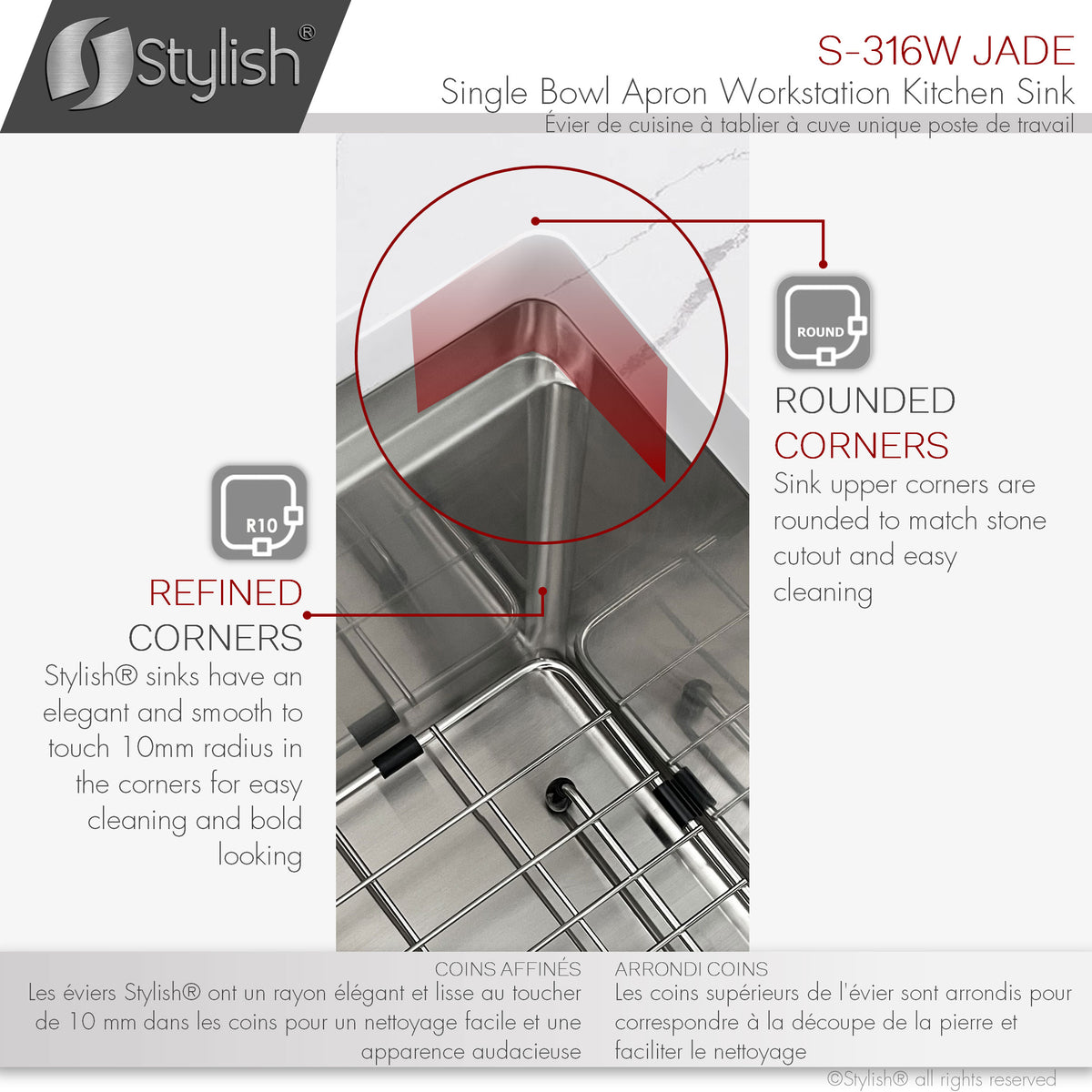 Stylish Jade Workstation Single Bowl Apron Front Stainless Steel Kitchen Sink with Accessories S-316W