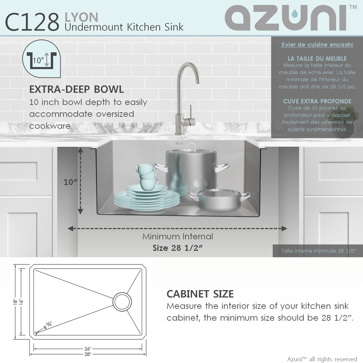 Stylish Azuni Lyon 28" Undermount Single Bowl Stainless Steel Kitchen Sink with Grid and Basket Strainer C128