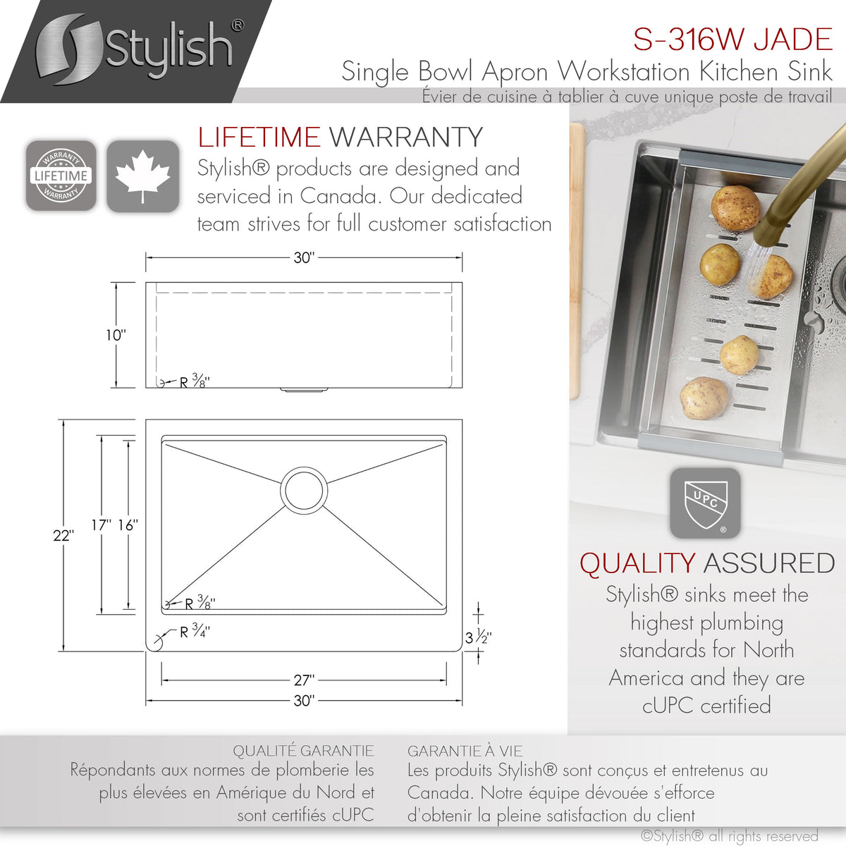 Stylish Jade Workstation Single Bowl Apron Front Stainless Steel Kitchen Sink with Accessories S-316W