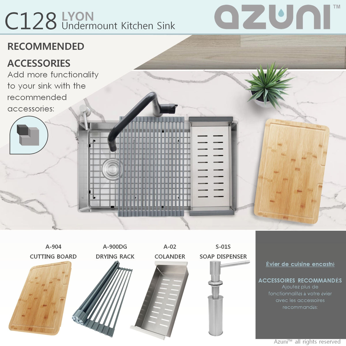 Stylish Azuni Lyon 28" Undermount Single Bowl Stainless Steel Kitchen Sink with Grid and Basket Strainer C128