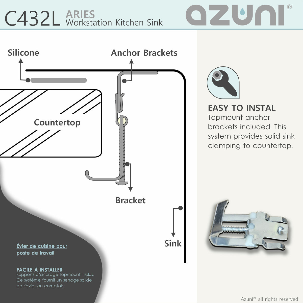 Stylish Azuni Aries 31" Top Mount Workstation 50/50 Double Bowl 18 Gauge Stainless Steel Ledge Kitchen Sink with Accessories C432L