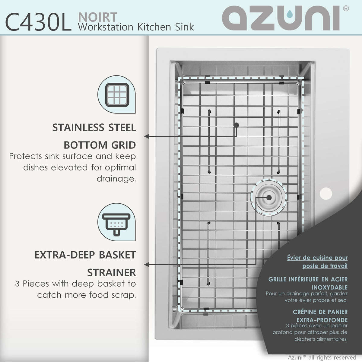 Stylish Azuni Noirt 31" Top Mount Workstation Single Bowl 18 Gauge Stainless Steel Ledge Kitchen Sink with Accessories C430L