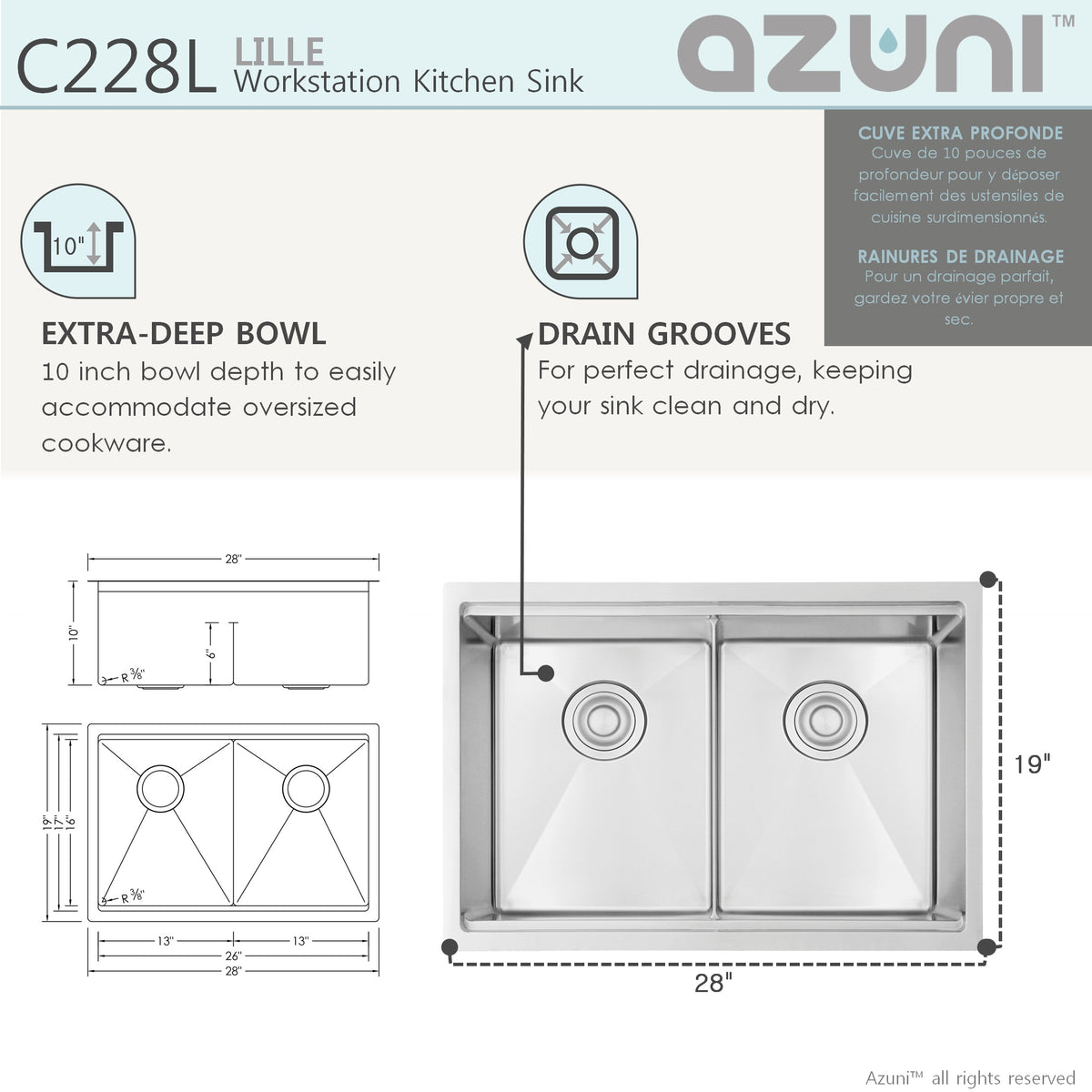 Stylish Azuni Lille 28" Workstation Double Bowl Stainless Steel Ledge Kitchen Sink with Accessories C228L