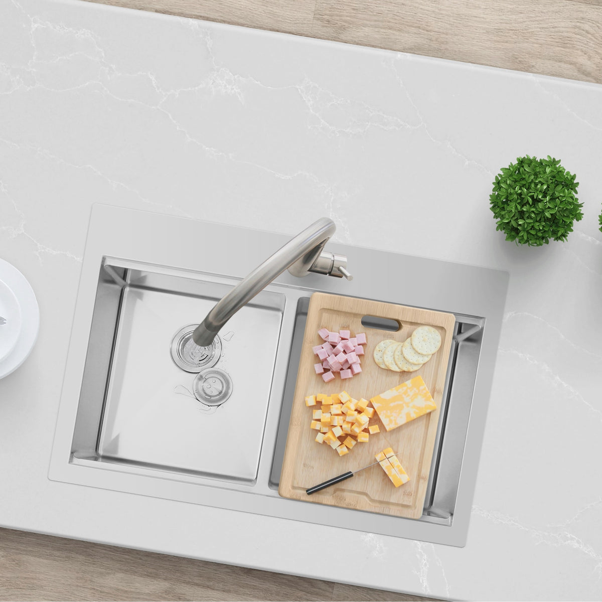 Stylish Azuni Aries 31" Top Mount Workstation 50/50 Double Bowl 18 Gauge Stainless Steel Ledge Kitchen Sink with Accessories C432L