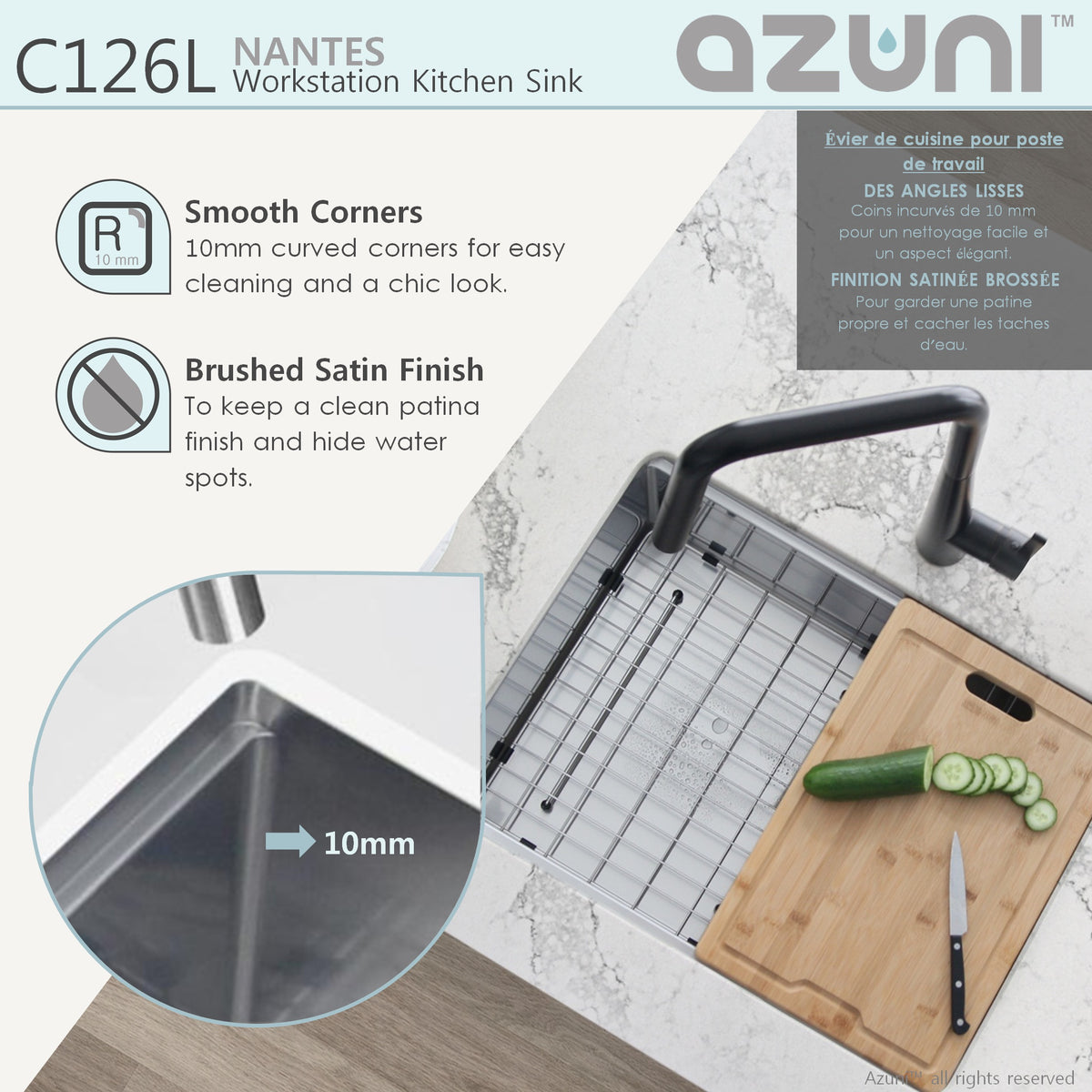 Stylish Azuni Nantes 25" Workstation Single Bowl Stainless Steel Ledge Kitchen Sink with Accessories C126L