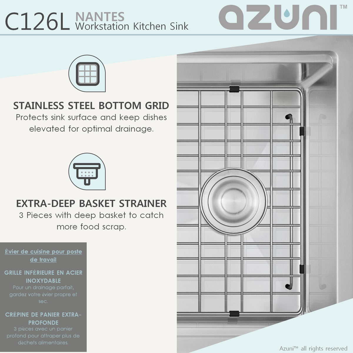 Stylish Azuni Nantes 25" Workstation Single Bowl Stainless Steel Ledge Kitchen Sink with Accessories C126L