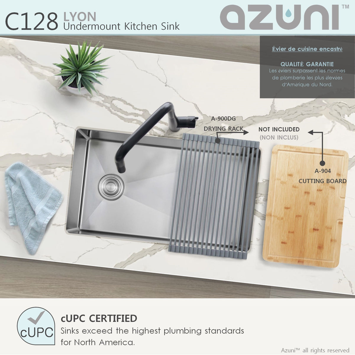 Stylish Azuni Lyon 28" Undermount Single Bowl Stainless Steel Kitchen Sink with Grid and Basket Strainer C128