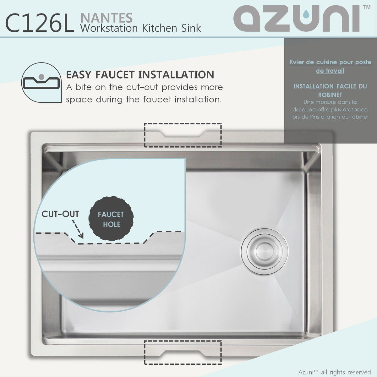 Stylish Azuni Nantes 25" Workstation Single Bowl Stainless Steel Ledge Kitchen Sink with Accessories C126L