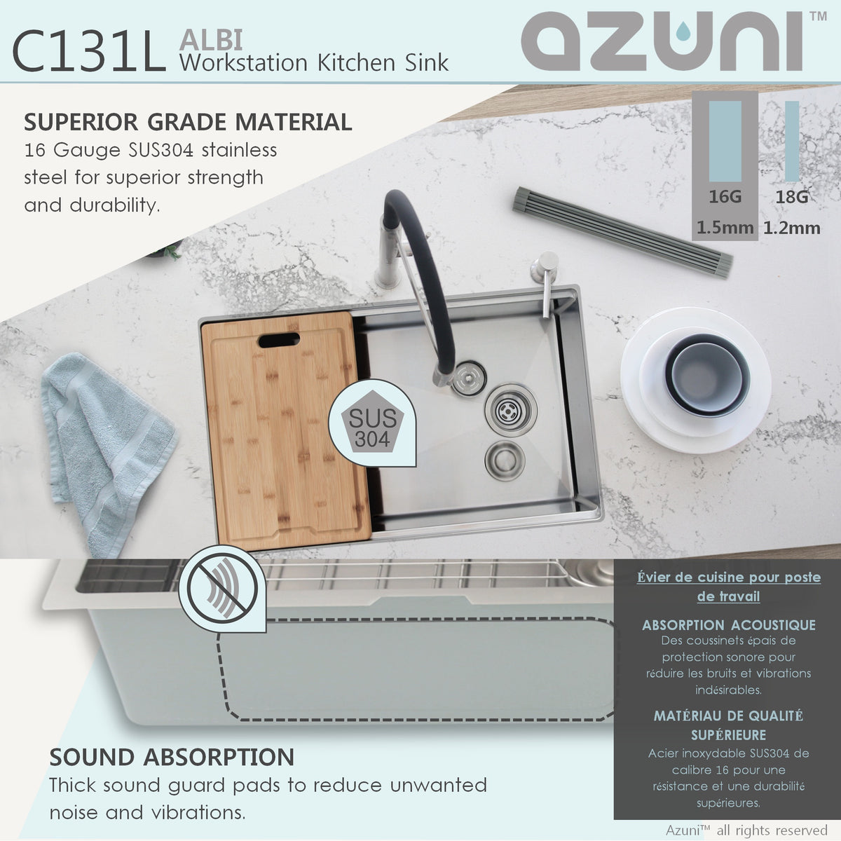 Stylish Azuni 30"L x 19"W Undermount Single Bowl Kitchen Sink Workstation with Accessories Included C131L