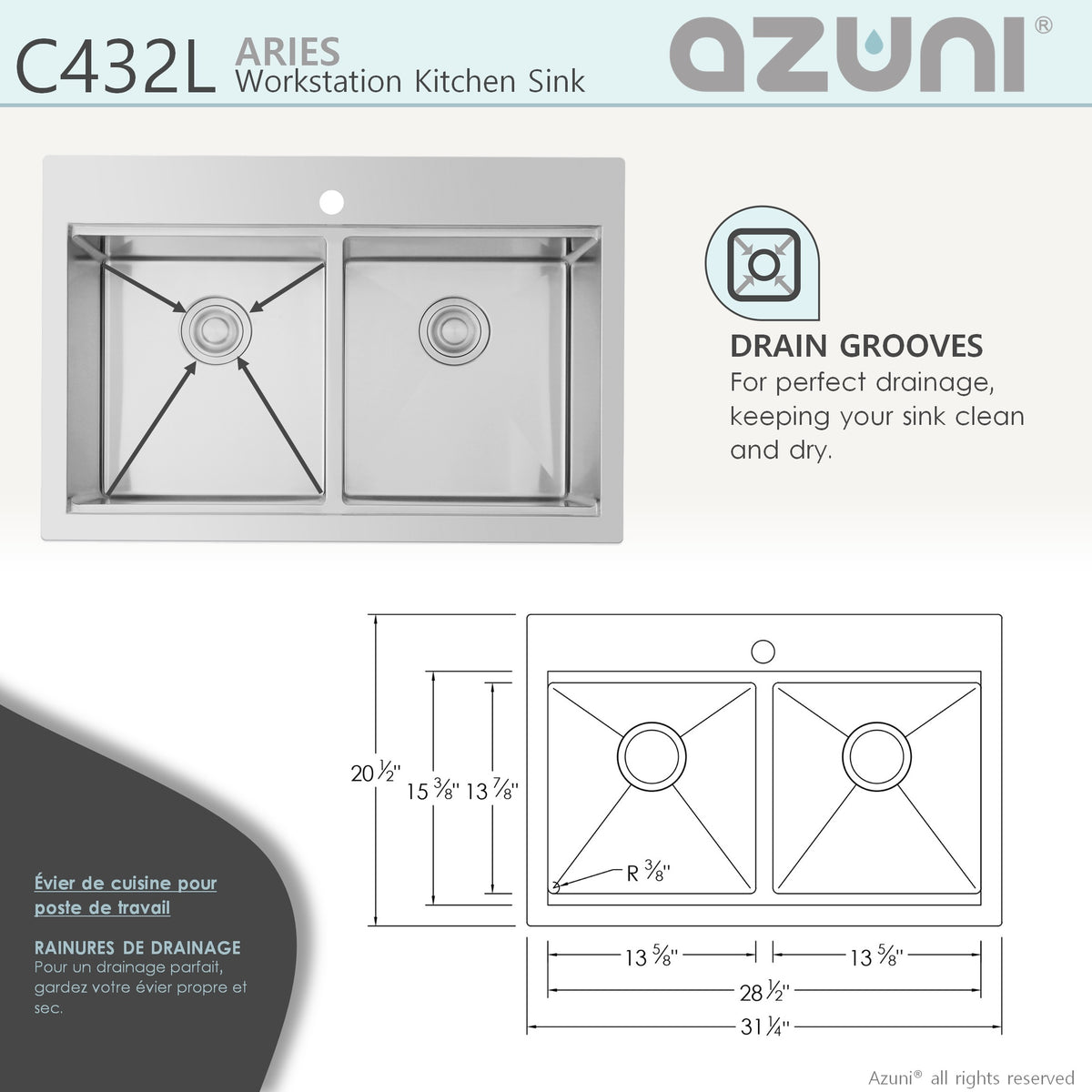 Stylish Azuni Aries 31" Top Mount Workstation 50/50 Double Bowl 18 Gauge Stainless Steel Ledge Kitchen Sink with Accessories C432L