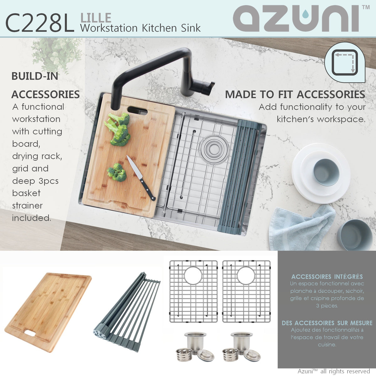 Stylish Azuni Lille 28" Workstation Double Bowl Stainless Steel Ledge Kitchen Sink with Accessories C228L