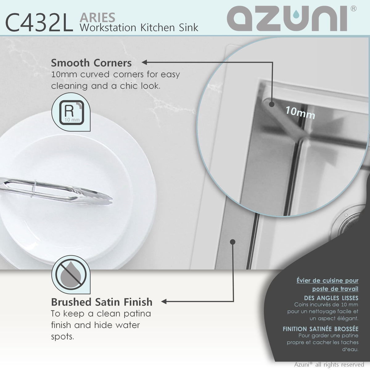 Stylish Azuni Aries 31" Top Mount Workstation 50/50 Double Bowl 18 Gauge Stainless Steel Ledge Kitchen Sink with Accessories C432L