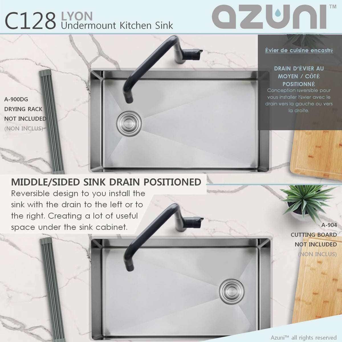 Stylish Azuni Lyon 28" Undermount Single Bowl Stainless Steel Kitchen Sink with Grid and Basket Strainer C128