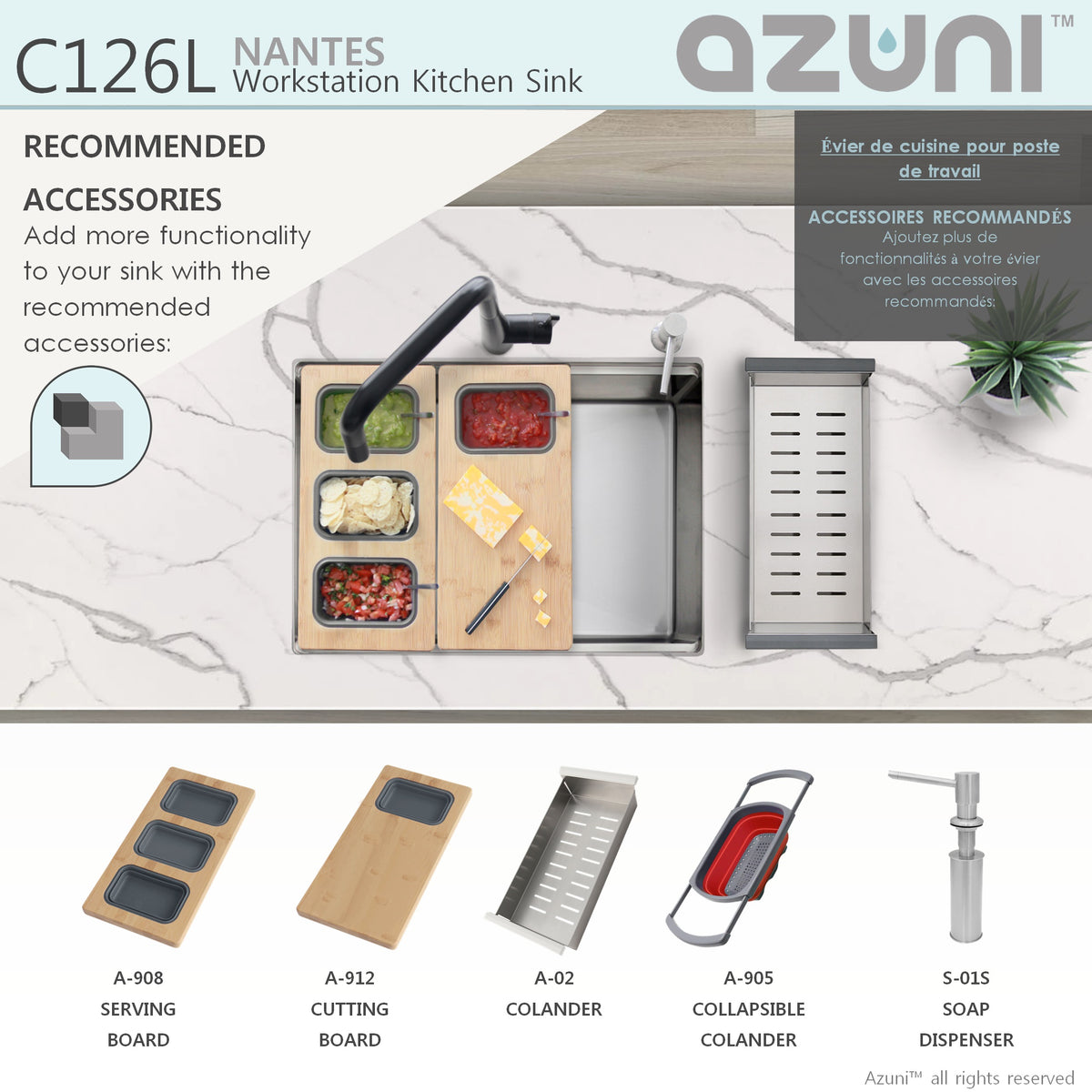 Stylish Azuni Nantes 25" Workstation Single Bowl Stainless Steel Ledge Kitchen Sink with Accessories C126L